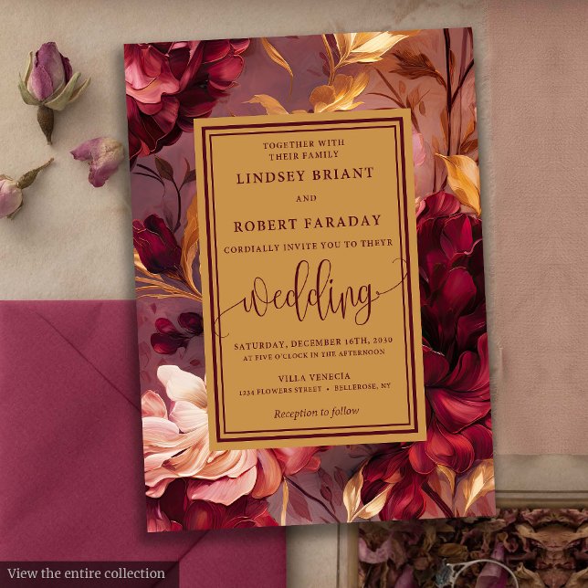Vintage Luxury Marsala Gold Flowers Wedding Invite (Vintage Luxury Marsala Gold Flowers Wedding Invitation)