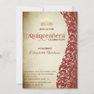 Vintage luxury red damask gold tiara Quinceañera Invitation