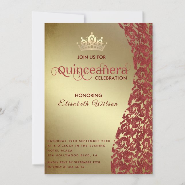 Vintage  luxury red damask gold tiara Quinceañera  Invitation (Front)