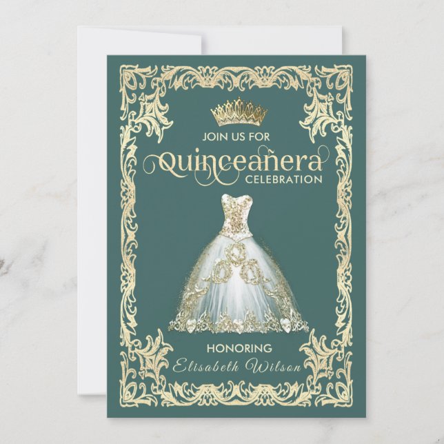 Vintage luxury sparkling dress tiara Quinceañera   Invitation (Front)