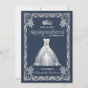 Vintage luxury sparkling dress tiara Quinceañera Invitation