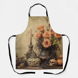 Vintage Macabre Roses Skulls Sepia Apron