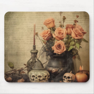 Vintage Macabre Roses Skulls Sepia Mouse Mat