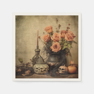 Vintage Macabre Roses Skulls Sepia Napkin