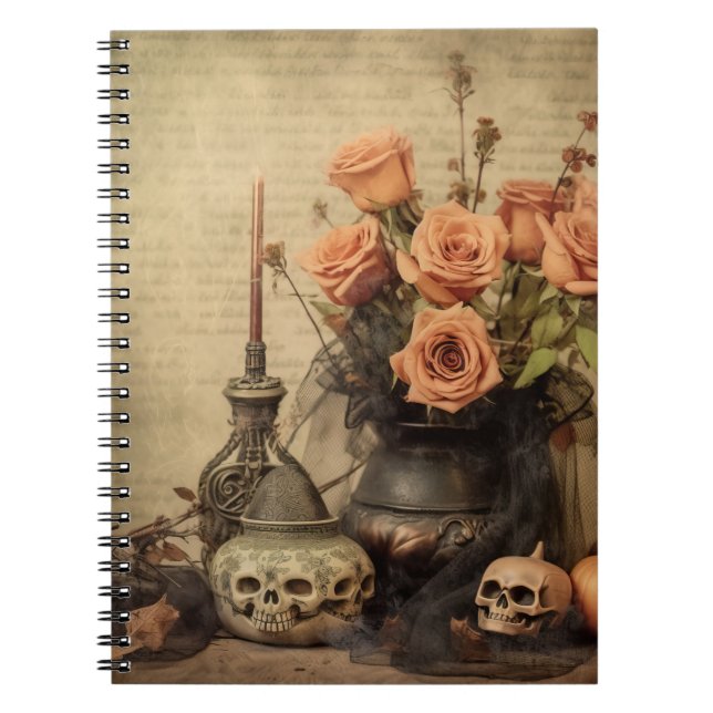 Vintage Macabre Roses Skulls Sepia Notebook (Front)