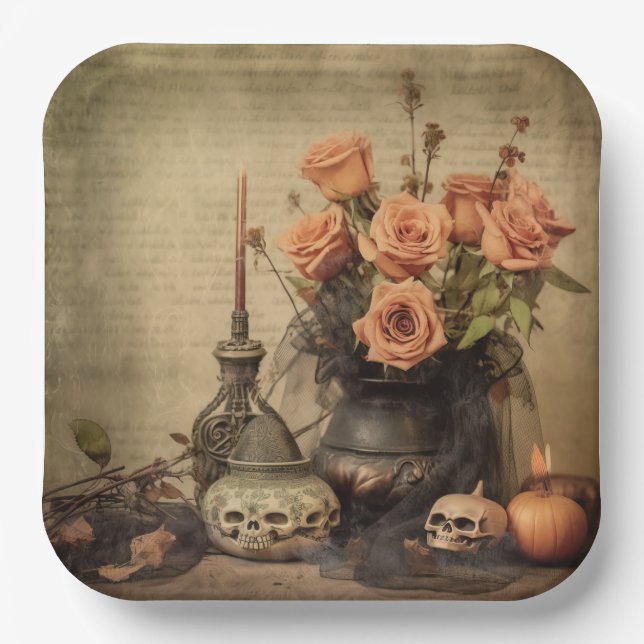Vintage Macabre Roses Skulls Sepia Paper Plate (Front)