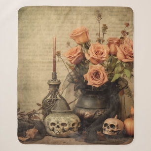 Vintage Macabre Roses Skulls Sepia Sherpa Blanket