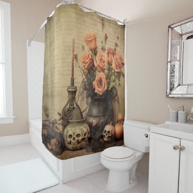 Vintage Macabre Roses Skulls Sepia Shower Curtain (In Situ)