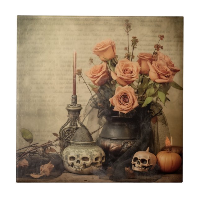 Vintage Macabre Roses Skulls Sepia Tile (Front)