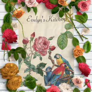Vintage Macaws And Roses Tea Towel