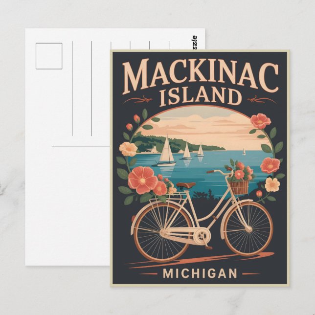 Vintage Mackinac Island Michigan with bike Flowers Postcard (Front/Back)