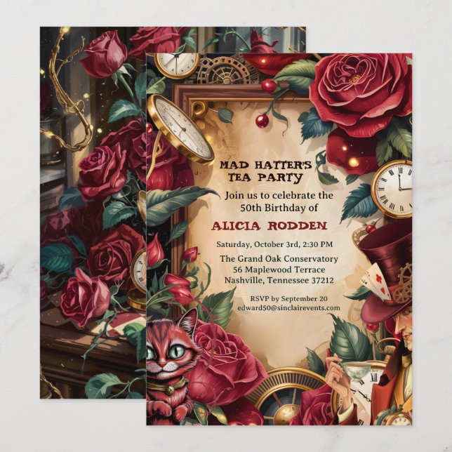 Vintage Mad Hatter Tea Party Birthday  Invitation (Front/Back)