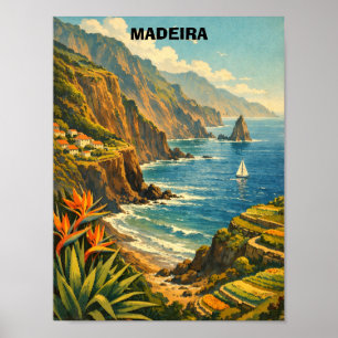 Vintage Madeira Portugal Coastal Cliffs Travel Poster