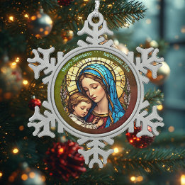 Vintage Madonna and Child Nativity Stained Glass  Snowflake Pewter Christmas Ornament