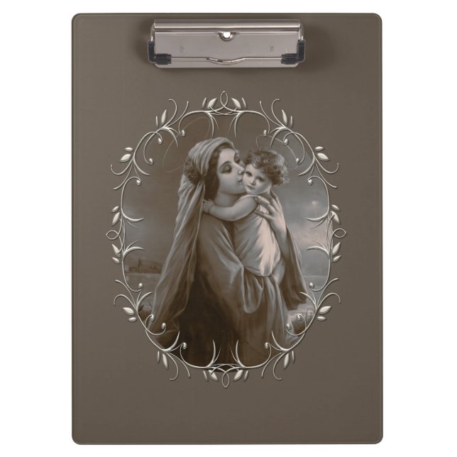 Vintage Madonna and Child with Silver Frame Clipboard (Front)
