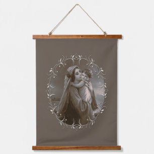Vintage Madonna and Child with Silver Frame Hanging Tapestry