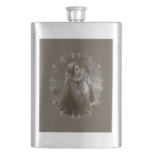 Vintage Madonna and Child with Silver Frame Hip Flask