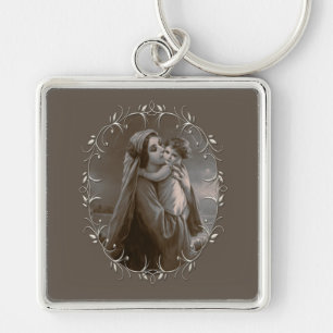 Vintage Madonna and Child with Silver Frame Key Ring