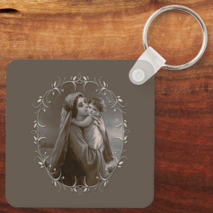 Vintage Madonna and Child with Silver Frame Key Ring