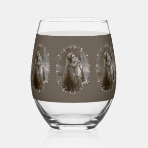 Vintage Madonna and Child with Silver Frame Stemless Wine Glass