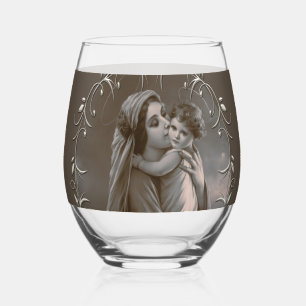 Vintage Madonna and Child with Silver Frame Stemless Wine Glass