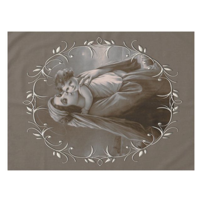 Vintage Madonna and Child with Silver Frame Tablecloth (Front (Horizontal))