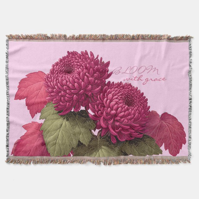Vintage Magenta Chrysanthemum Bloom Throw Blanket (Front)