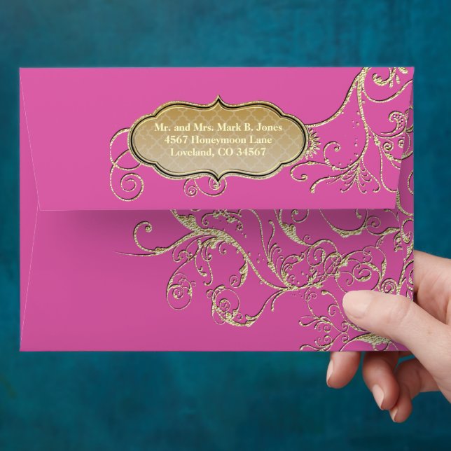 Vintage Magenta Pink Gold Swirl Wedding Envelopes (Hand)
