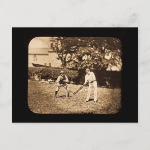 Vintage Magic Lantern Slide Cricket Players Sepia Postcard