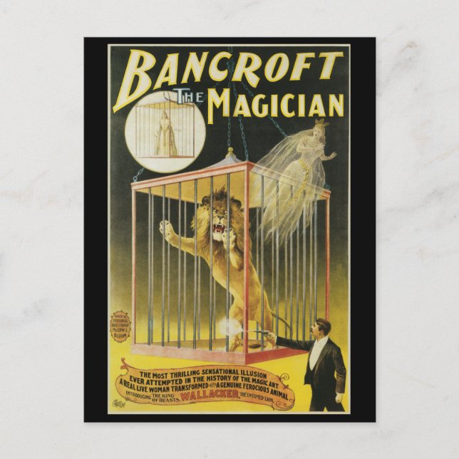 Vintage Magic Poster, Magician Bancroft and Lion Postcard (Front)