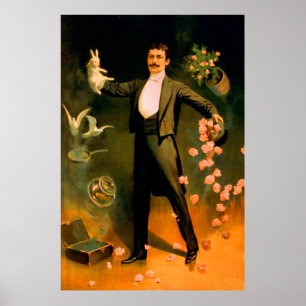 Vintage Magician Rabbits Roses Doves Magic Tricks Poster