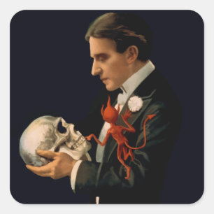 Vintage Magician, Thurston Holding a Human Skull Square Sticker