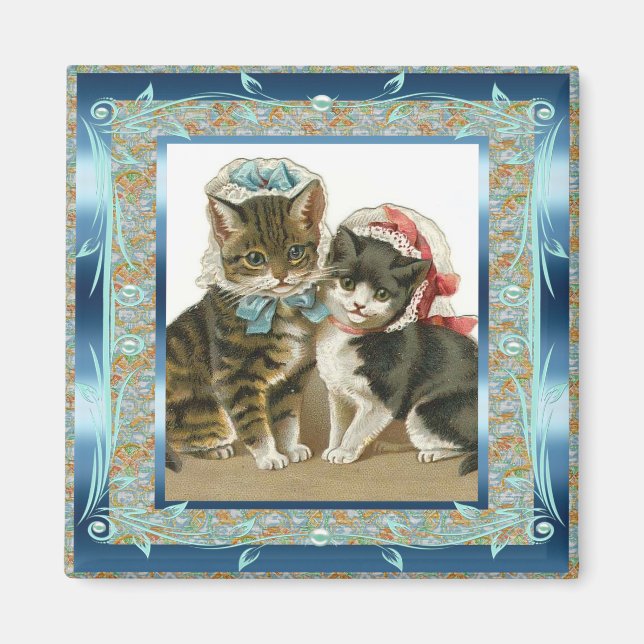 Vintage Magnet Vintage Teal Blue Cats (Front)