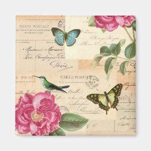 Vintage magnet with roses and butterflies