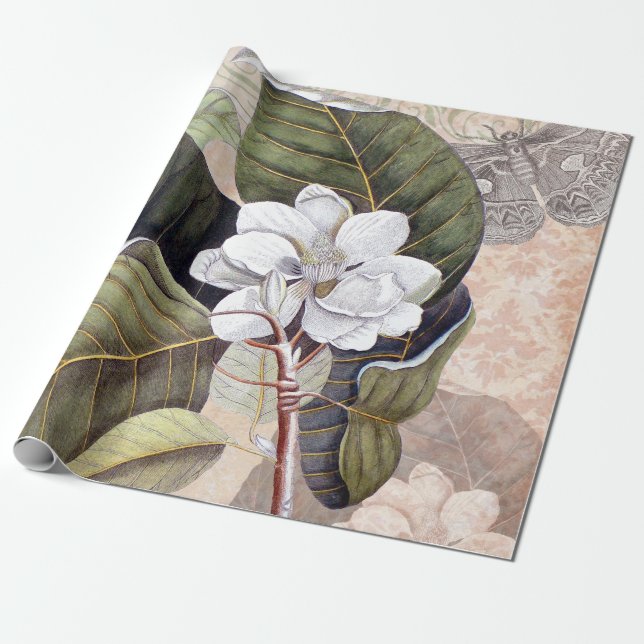 Vintage Magnolia Elegant Botanical Collage Wrapping Paper (Unrolled)