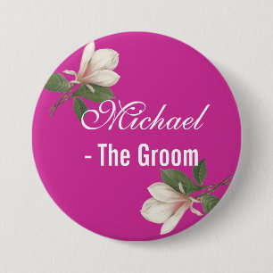 vintage magnolia flower in pink. wedding groom 7.5 cm round badge