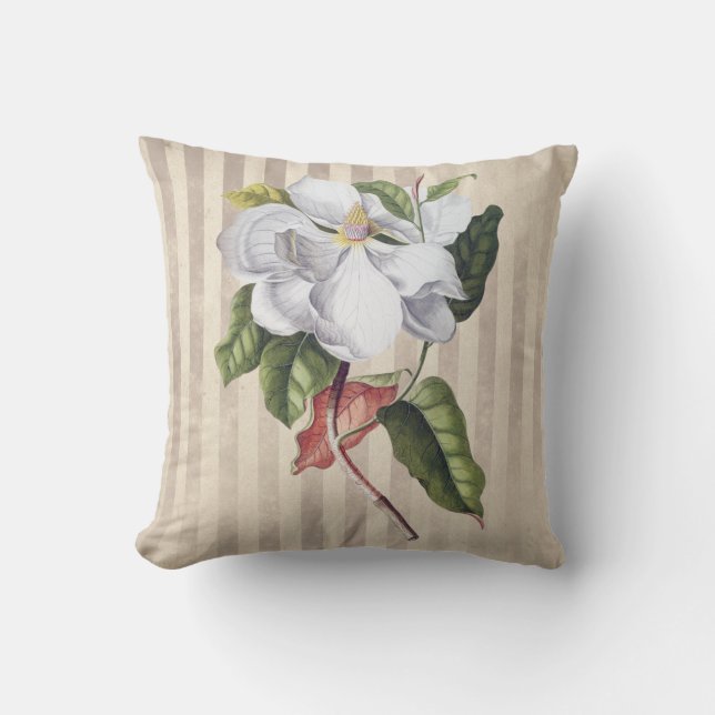 Vintage Magnolia Flower on Stripes Cushion (Front)