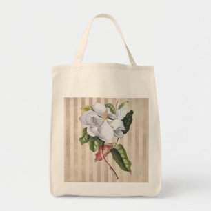Vintage Magnolia Flower on Stripes Tote Bag