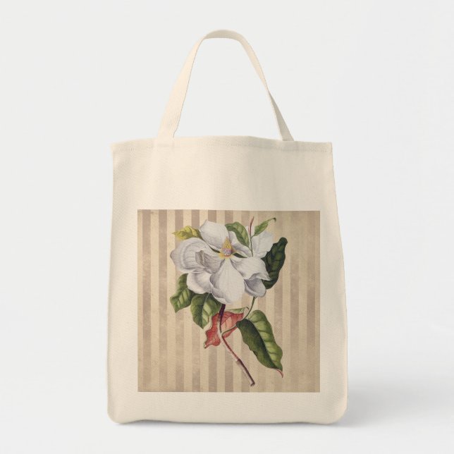 Vintage Magnolia Flower on Stripes   Tote Bag (Front)