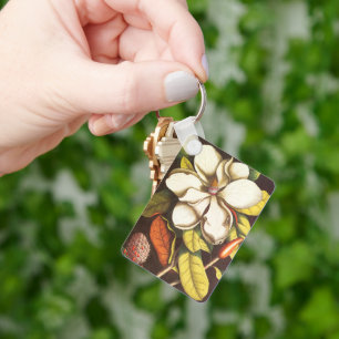 Vintage Magnolia Flowers Plant With Seeds Key Ring