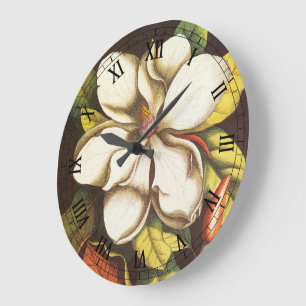 Vintage Magnolia Flowers Plant With Seeds Large Clock