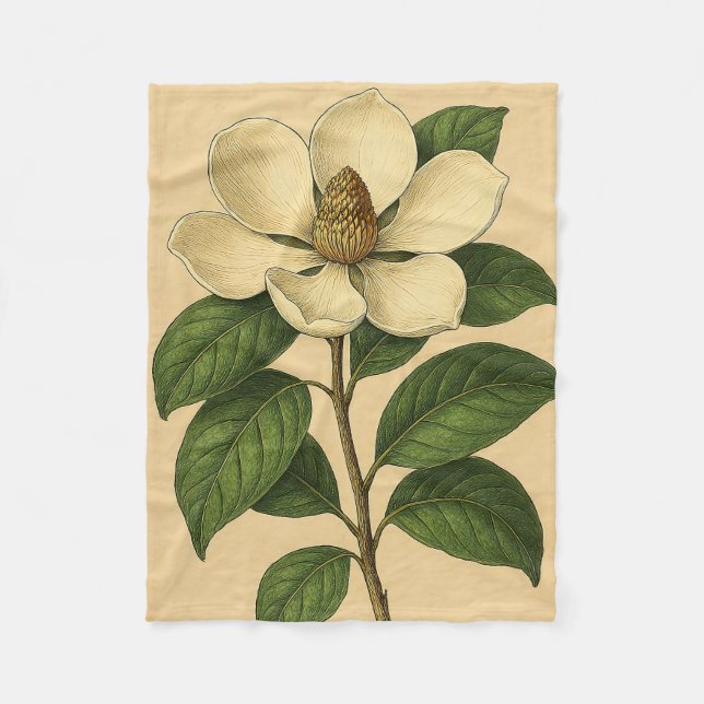 Vintage Magnolia on Weathered Paper Fleece Blanket (Front)