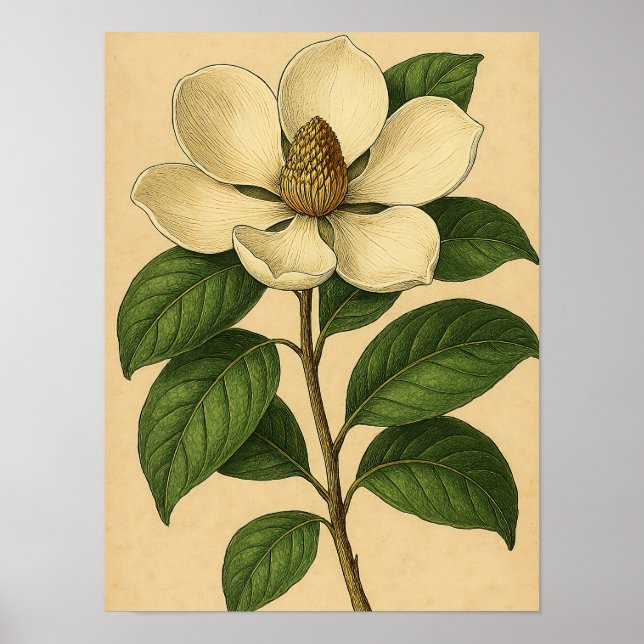Vintage Magnolia on Weathered Paper Poster (Front)