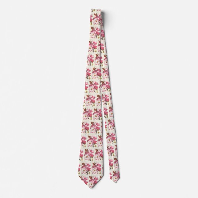 Vintage Magnolia Tree Blossom, Pink Garden Flowers Tie (Front)