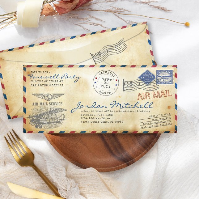 Vintage Mail Military Farewell Party Invitation (Vintage Air Mail Military Rustic Going Away Party Farewell Party Invitation, Air Force Graduation )