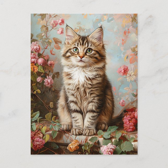 Vintage Maine Coon Kitten Painting Postcard (Front)