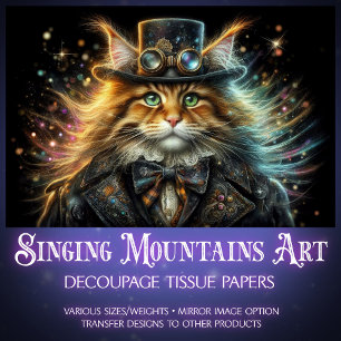 Vintage Maine Coone Whimsical Steampunk Decoupage Tissue Paper