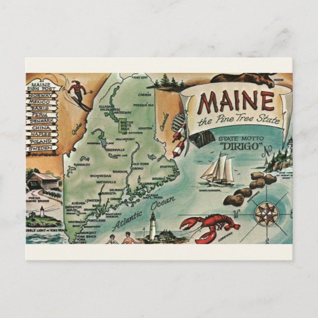 Vintage Maine Map Postcard (Front)