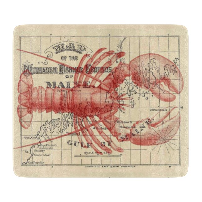 Vintage Maine Map with Lobster Cutting Board (Front)
