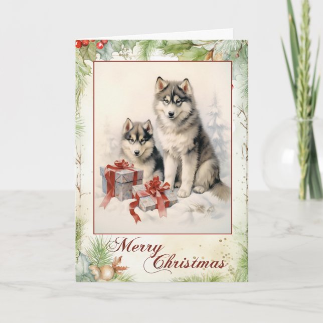 Vintage Malamute Christmas Holiday Card (Front)